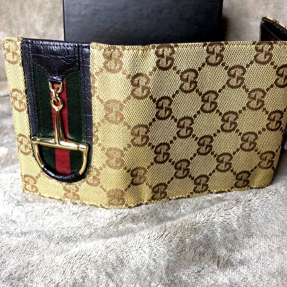 GUCCI GG Sherry Line Horsebit Trifold Canvas Leather Wallet and GUCCI BOX Mint